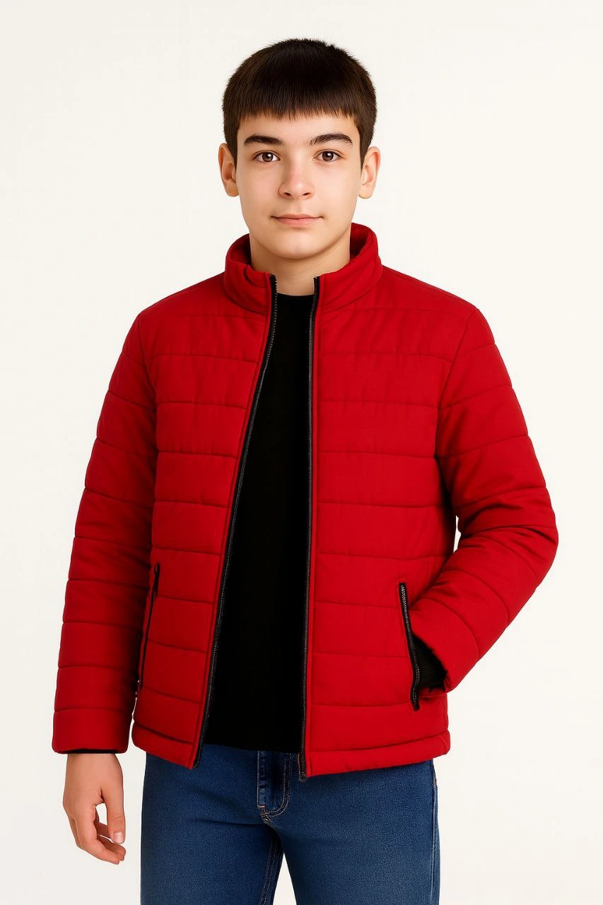 جاكيت نفخ للأولاد خفيف ودافئ شتوي بسحاب مقاوم للماء مريح للاستخدام اليومي بتصميم عصري بغطاء رأس - أحمر