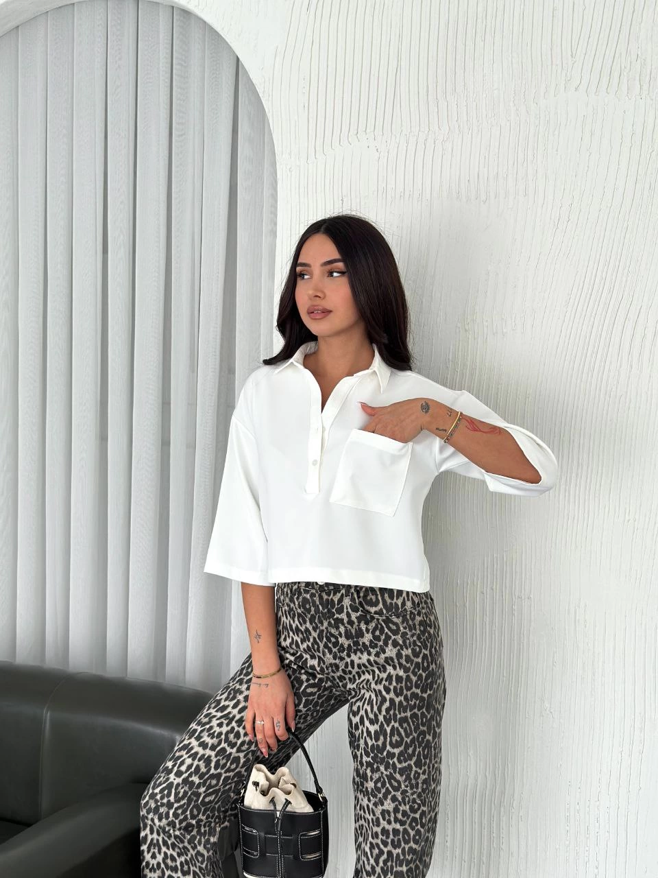 Z Crepe Women's Crop Collared Shirt with Button Placket Three-Quarter Sleeves - White