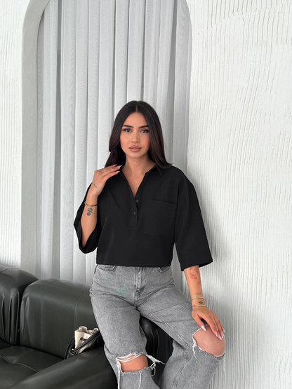 Z Crepe Women's Crop Collared Shirt with Button Placket Three-Quarter Sleeves - Black