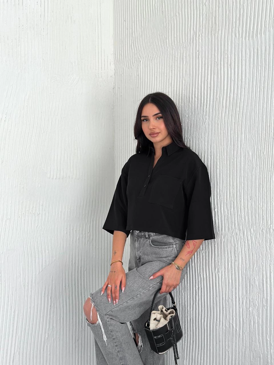 Z Crepe Women's Crop Collared Shirt with Button Placket Three-Quarter Sleeves - Black