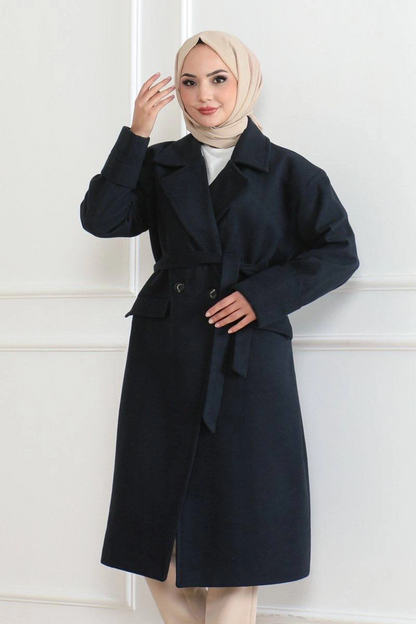 Kadın Kaşe Kaban - Uzun Boy Kruvaze Yaka Kuşaklı Tesettür Kaşe Kışlık Kaban, Astarlı Şık Yünlü Dokuma Oversize Rahat Kalıp Cepli Düğmeli Modern Kap Modeli - Lacivert