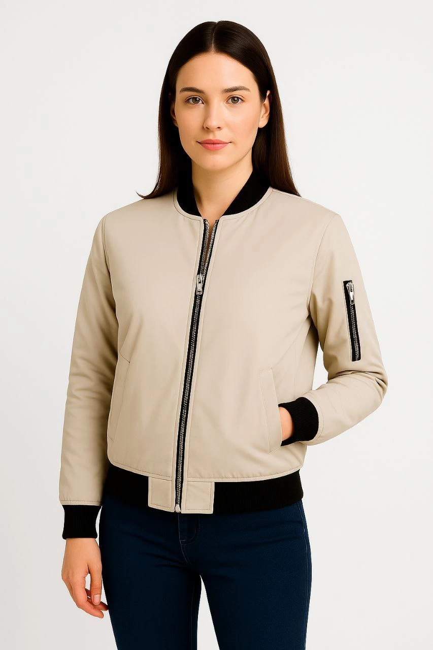 Kadın Bomber Mont Ceket - Fermuarlı, Kapitone İçi Astarlı, Su İtici Kumaş, Regular Fit, Yandan Cepli, Günlük Bahar & Kış Şık Rahat Stil - bej