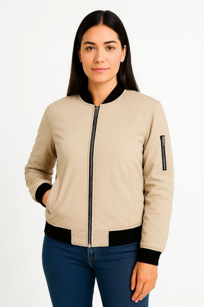 Kadın Bomber Mont Ceket - Fermuarlı, Kapitone İçi Astarlı, Su İtici Kumaş, Regular Fit, Yandan Cepli, Günlük Bahar & Kış Şık Rahat Stil - bej
