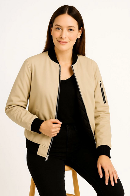 Kadın Bomber Mont Ceket - Fermuarlı, Kapitone İçi Astarlı, Su İtici Kumaş, Regular Fit, Yandan Cepli, Günlük Bahar & Kış Şık Rahat Stil - bej