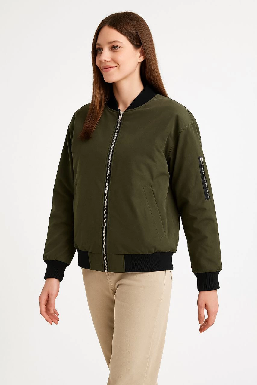 Kadın Bomber Mont Ceket - Fermuarlı, Kapitone İçi Astarlı, Su İtici Kumaş, Regular Fit, Yandan Cepli, Günlük Bahar & Kış Şık Rahat Stil - Haki