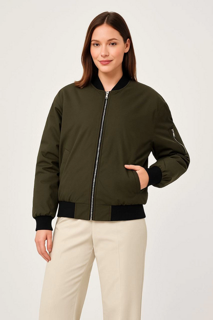 Kadın Bomber Mont Ceket - Fermuarlı, Kapitone İçi Astarlı, Su İtici Kumaş, Regular Fit, Yandan Cepli, Günlük Bahar & Kış Şık Rahat Stil - Haki
