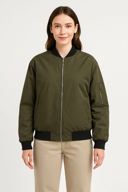 Kadın Bomber Mont Ceket - Fermuarlı, Kapitone İçi Astarlı, Su İtici Kumaş, Regular Fit, Yandan Cepli, Günlük Bahar & Kış Şık Rahat Stil - Haki