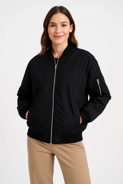 Kadın Bomber Mont Ceket - Fermuarlı, Kapitone İçi Astarlı, Su İtici Kumaş, Regular Fit, Yandan Cepli, Günlük Bahar & Kış Şık Rahat Stil - Siyah