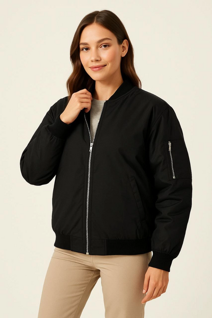 Kadın Bomber Mont Ceket - Fermuarlı, Kapitone İçi Astarlı, Su İtici Kumaş, Regular Fit, Yandan Cepli, Günlük Bahar & Kış Şık Rahat Stil - Siyah
