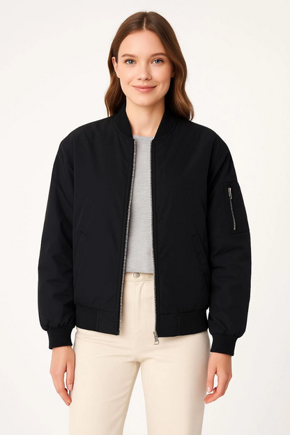 Kadın Bomber Mont Ceket - Fermuarlı, Kapitone İçi Astarlı, Su İtici Kumaş, Regular Fit, Yandan Cepli, Günlük Bahar & Kış Şık Rahat Stil - Siyah