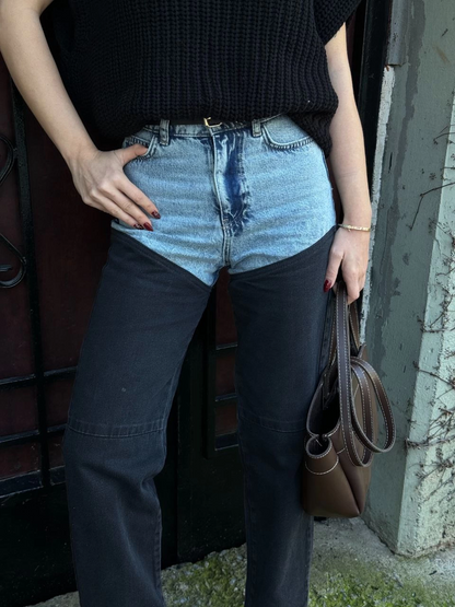 Kadın Jeans Kot Parçalı Palazzo Pantolon - Siyah