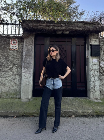 Kadın Jeans Kot Parçalı Palazzo Pantolon - Siyah