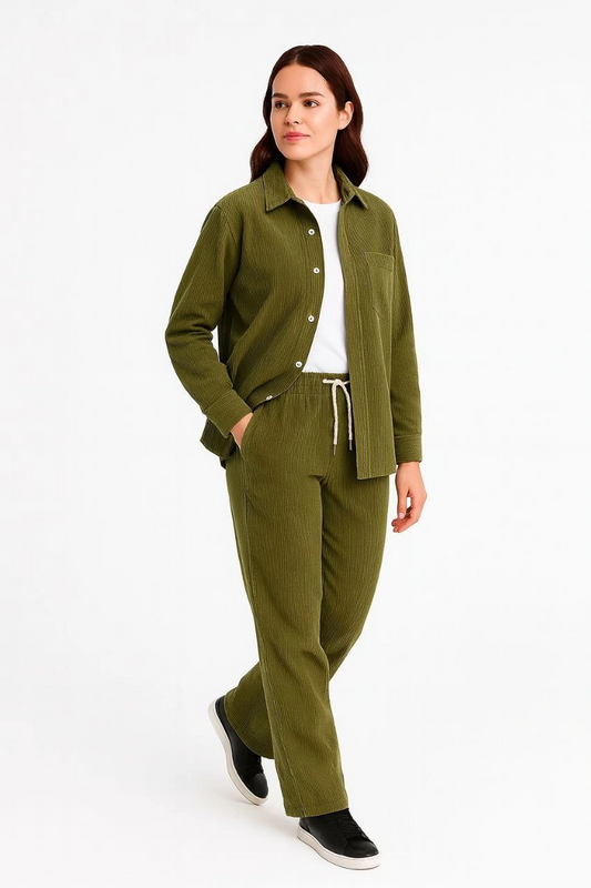Kadın Kadife Oversize Takım - Gömlek ve Pantolon İkili Set Füme Corduroy Şıklığı, Rahat ve Zarif Duruş Yumuşak Dokulu Kadife Kumaş, Düğmeli Gömlek Üst ve Lastikli Pantolon Alt Parça ile Gün Boyu Konfor- haki