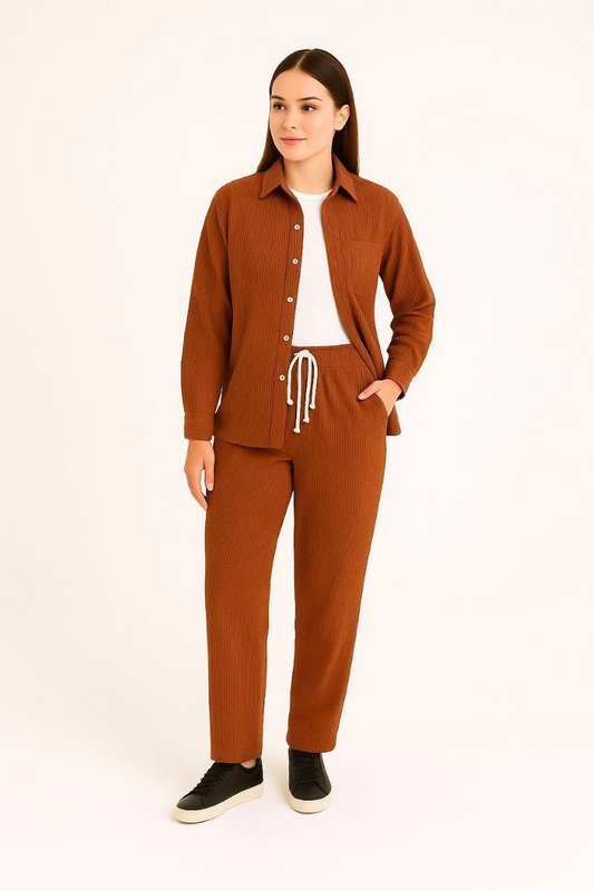 Kadın Kadife Oversize Takım - Gömlek ve Pantolon İkili Set Füme Corduroy Şıklığı, Rahat ve Zarif Duruş Yumuşak Dokulu Kadife Kumaş, Düğmeli Gömlek Üst ve Lastikli Pantolon Alt Parça ile Gün Boyu Konfor- Kiremit