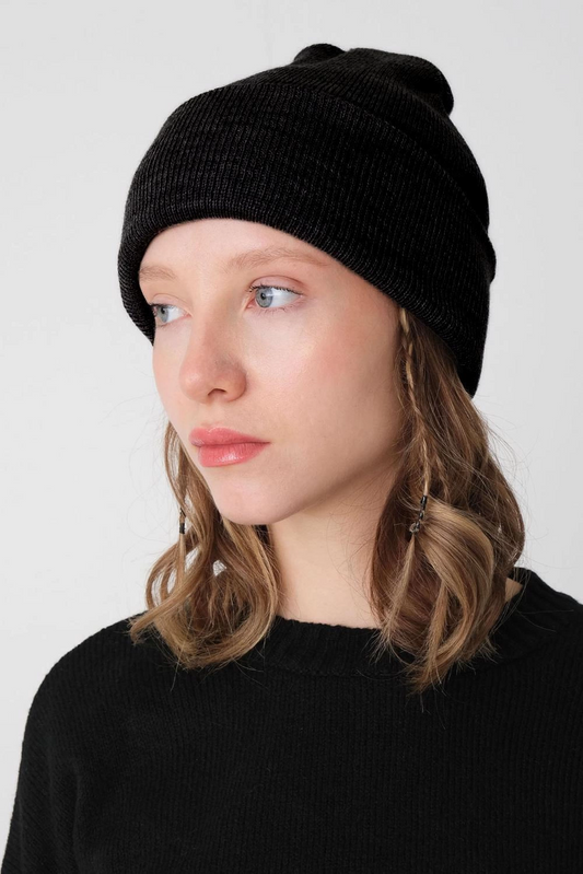 Women's Foldable Basic Beanie - Black