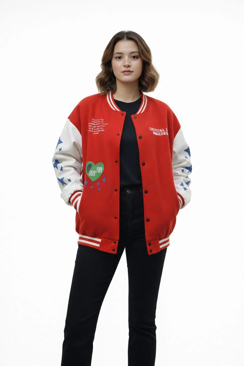 Kadın Kırmızı Varsity Çıtçıtlı Baskılı Oversize kalıp Kolej Ceket - Kırmızı