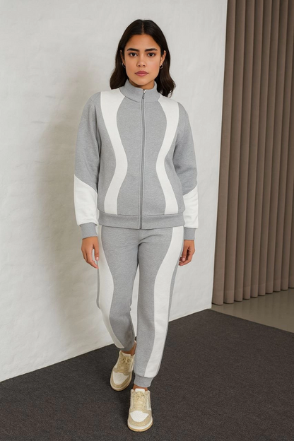 Kadın Premium Parçalı Eşofman Takım - Dik Yaka Fermuarlı Sweatshirt - Gri