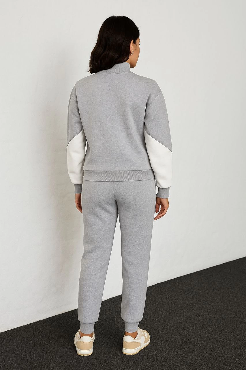 Kadın Premium Parçalı Eşofman Takım - Dik Yaka Fermuarlı Sweatshirt - Gri