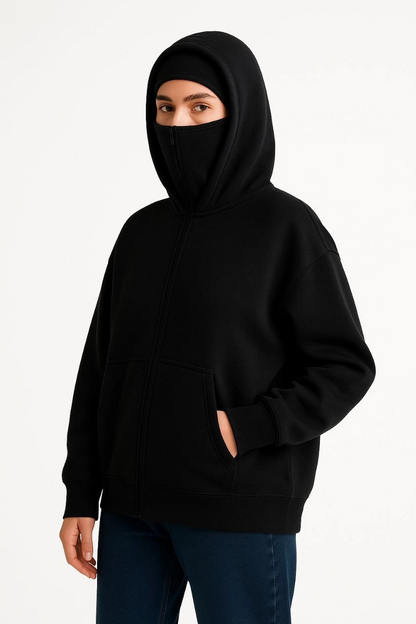 Women's Samurai Ninja Double Hooded Mask Detail Zippered Kangaroo Pocket Hoodie - Black