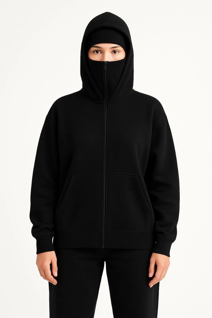 Women's Samurai Ninja Double Hooded Mask Detail Zippered Kangaroo Pocket Hoodie - Black