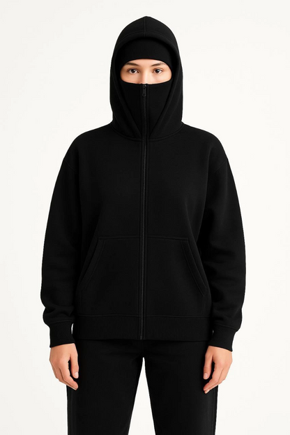 Women's Samurai Ninja Double Hooded Mask Detail Zippered Kangaroo Pocket Hoodie - Black