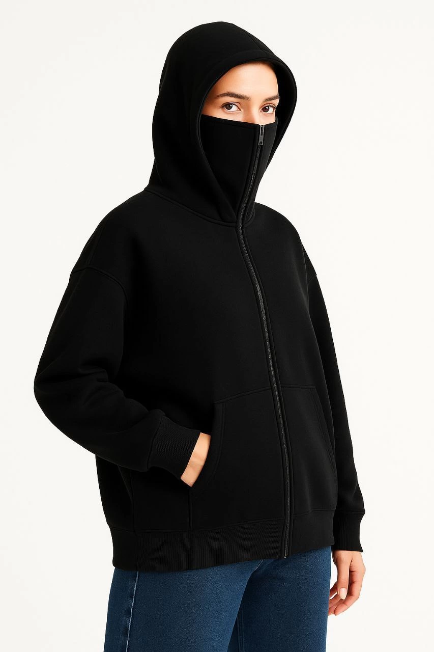Women's Samurai Ninja Double Hooded Mask Detail Zippered Kangaroo Pocket Hoodie - Black