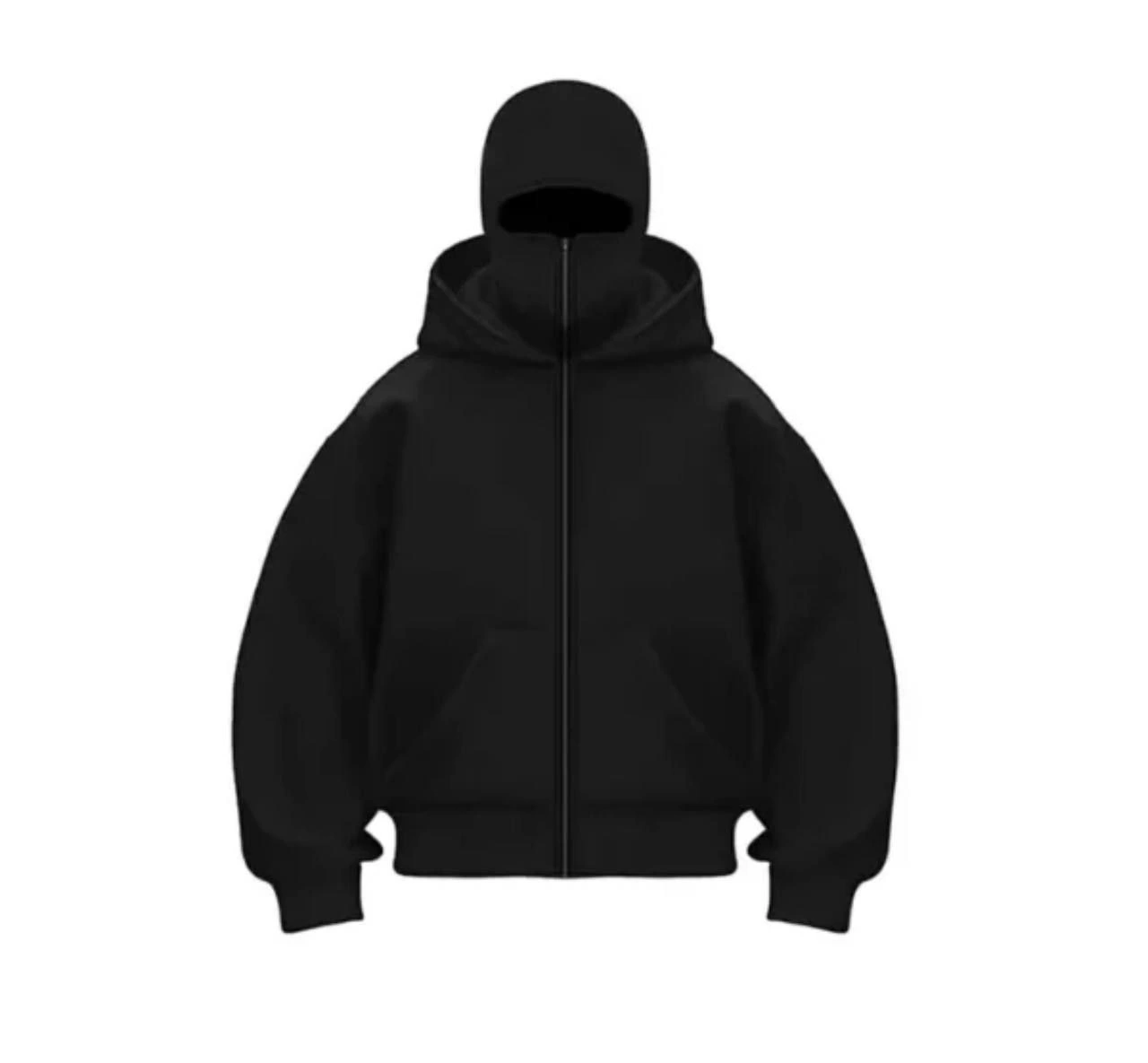 Women's Samurai Ninja Double Hooded Mask Detail Zippered Kangaroo Pocket Hoodie - Black