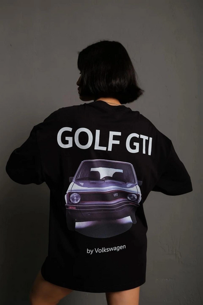 Kadın Oversize Baskılı Tişört - Golf GTI Retro Araba Desenli, Ön & Arka Dijital Baskı, Sokak Modası Stil - Siyah
