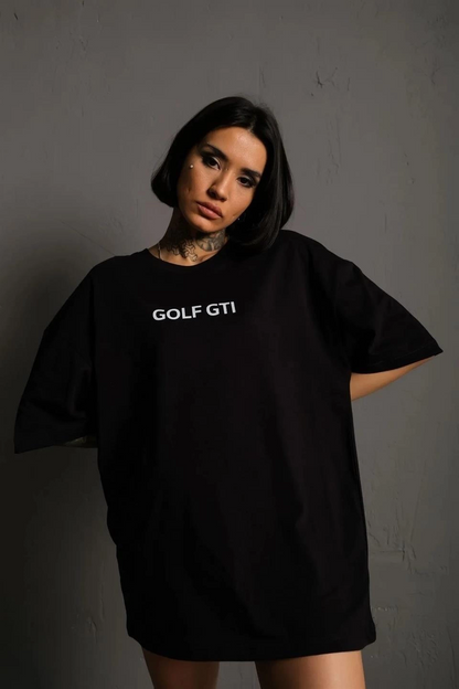 Kadın Oversize Baskılı Tişört - Golf GTI Retro Araba Desenli, Ön & Arka Dijital Baskı, Sokak Modası Stil - Siyah