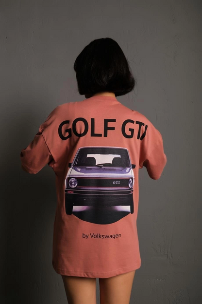 Kadın Oversize Baskılı Tişört - Golf GTI Retro Araba Desenli, Ön & Arka Dijital Baskı, Sokak Modası Stil- Gül Kurusu
