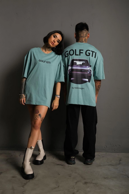 Erkek Oversize Baskılı Tişört - Golf GTI Retro Araba Desenli, Ön & Arka Dijital Baskı, Sokak Modası Stil - Mint Yeşili