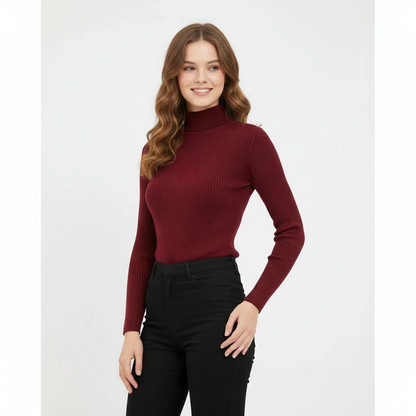 Women's Full Turtleneck Ribbed Stretchy Bodysuit - Burgundy