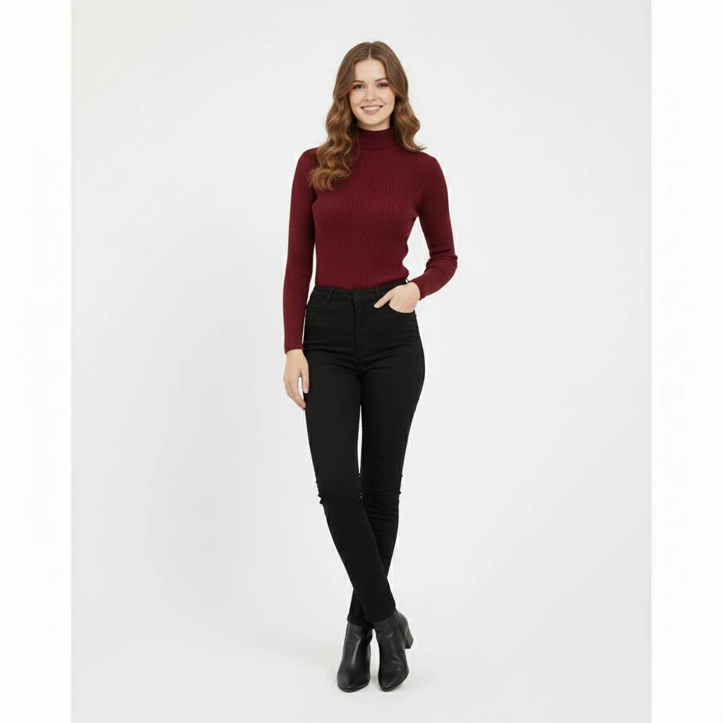 Women's Full Turtleneck Ribbed Stretchy Bodysuit - Burgundy