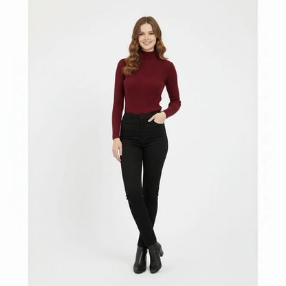 Women's Full Turtleneck Ribbed Stretchy Bodysuit - Burgundy