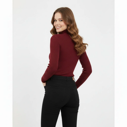 Women's Full Turtleneck Ribbed Stretchy Bodysuit - Burgundy