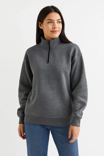 سويت شيرت نسائي ثلاثي الخيوط بياقة قائمة وسحاب نصفي - فحمي