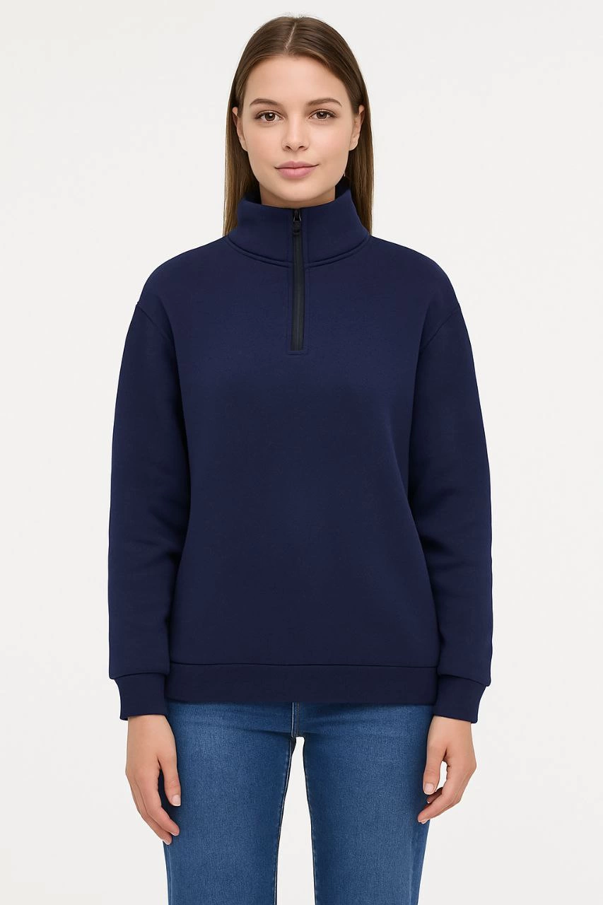 Kadın Üç İplik Dık Yaka Yarım Fermuarlı SweatShirt - Lacivert