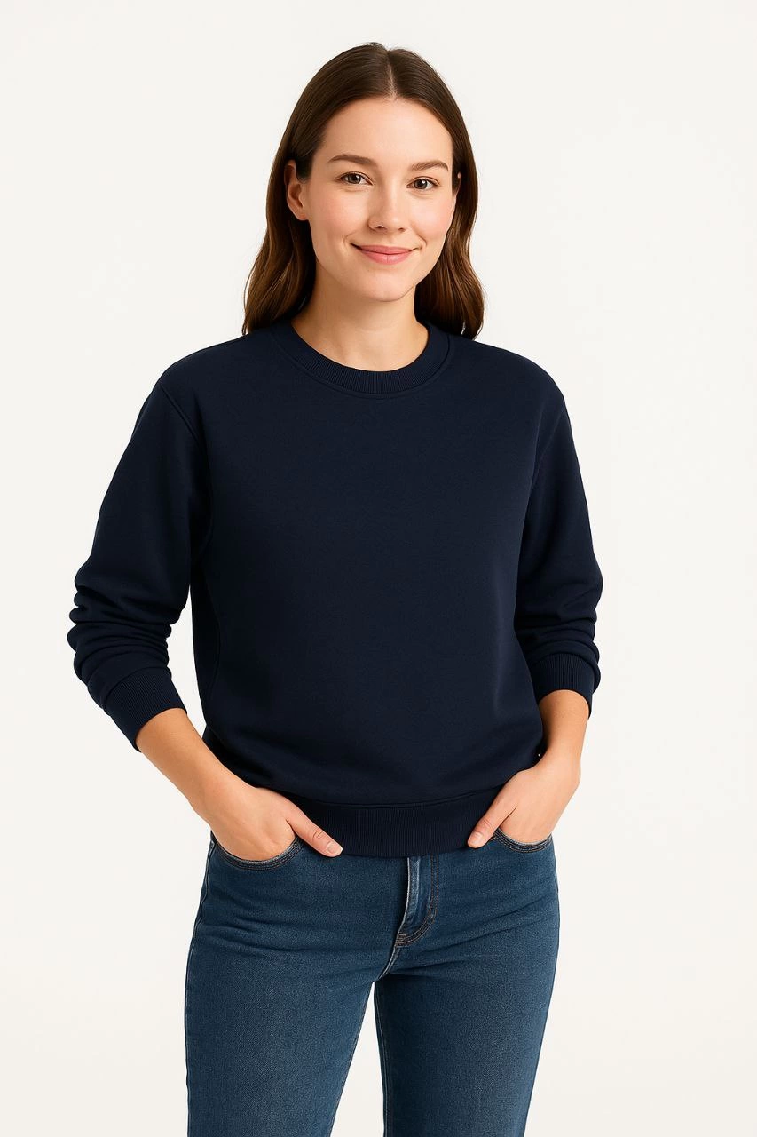 Women's Three-Thread Plain Crew Neck Sweatshirt - Navy Blue
