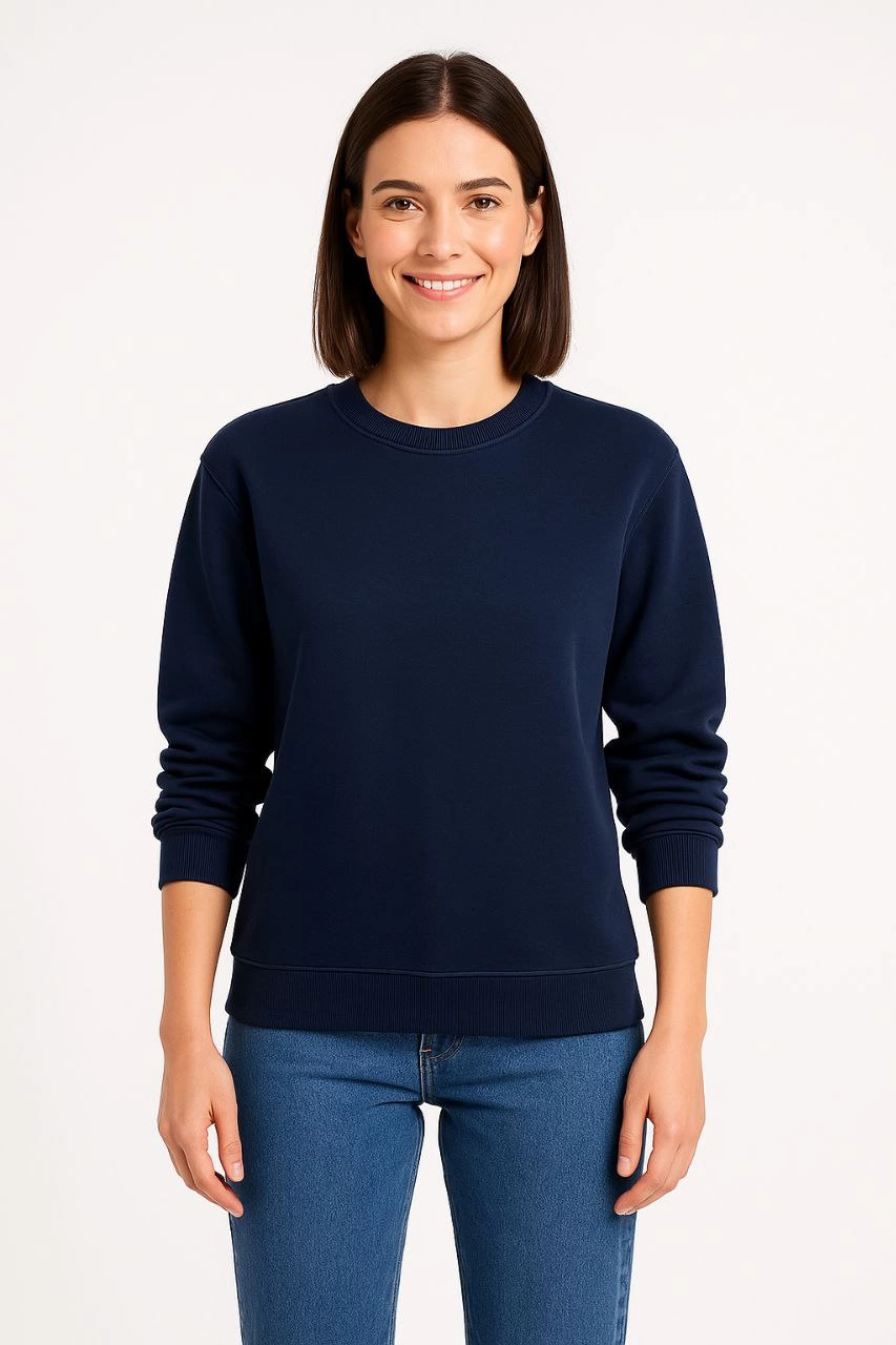 Women's Three-Thread Plain Crew Neck Sweatshirt - Navy Blue