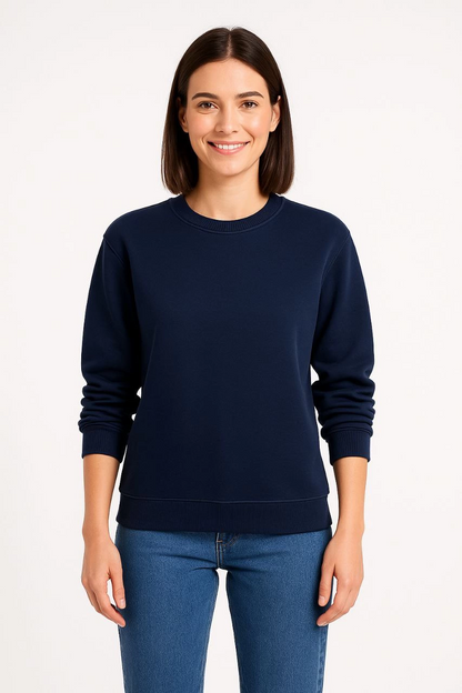 Women's Three-Thread Plain Crew Neck Sweatshirt - Navy Blue