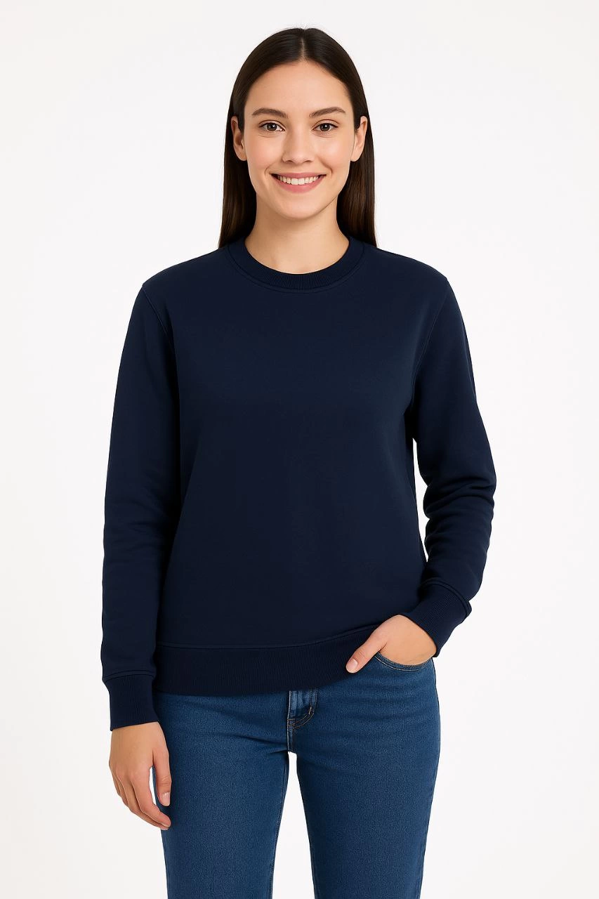 Women's Three-Thread Plain Crew Neck Sweatshirt - Navy Blue