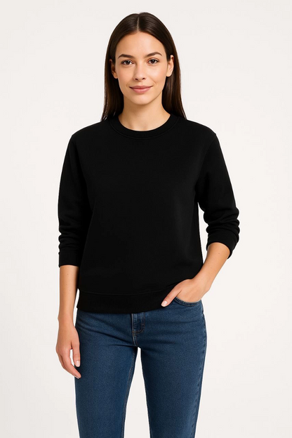 Women's Three-Thread Plain Crew Neck Sweatshirt - Black