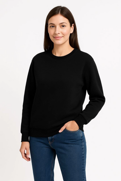 Women's Three-Thread Plain Crew Neck Sweatshirt - Black