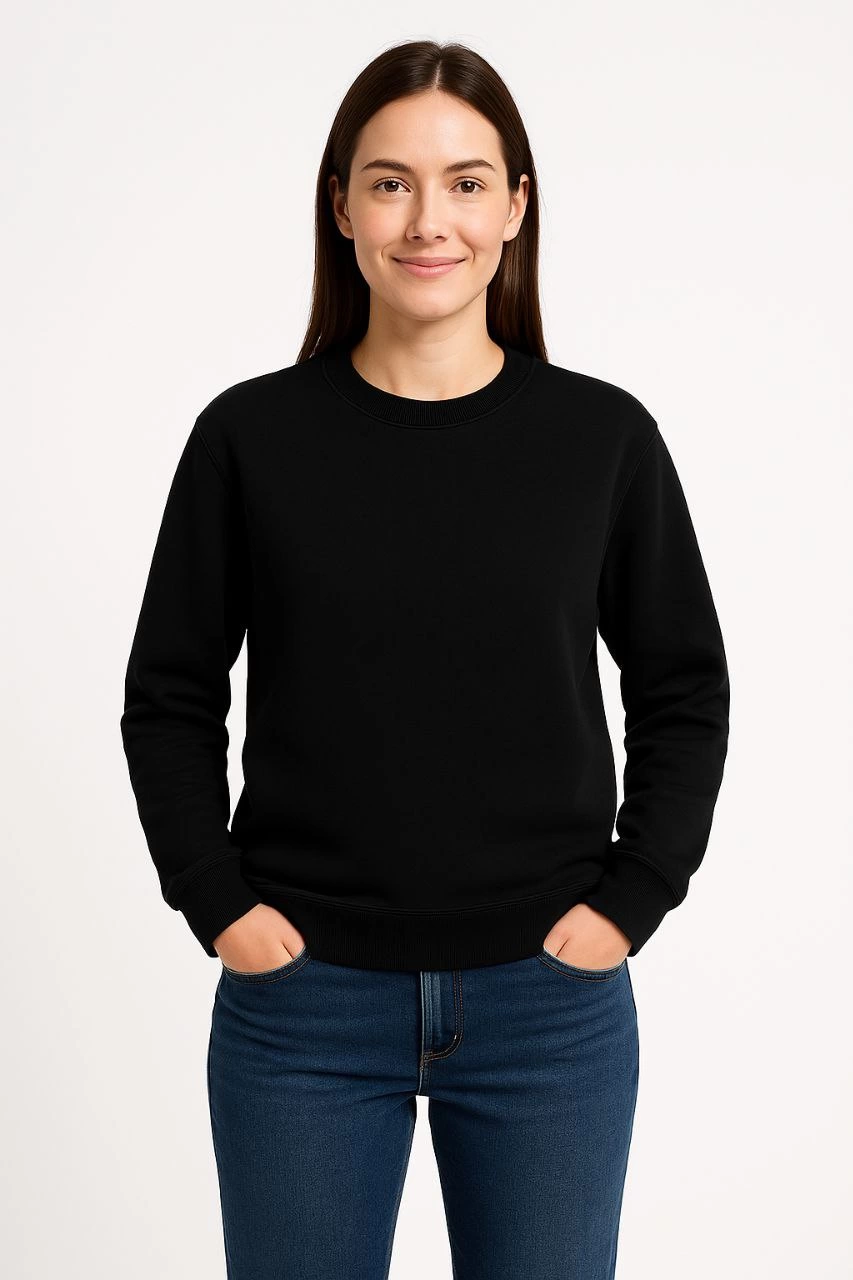 Women's Three-Thread Plain Crew Neck Sweatshirt - Black