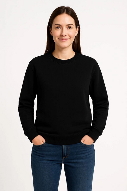 Women's Three-Thread Plain Crew Neck Sweatshirt - Black