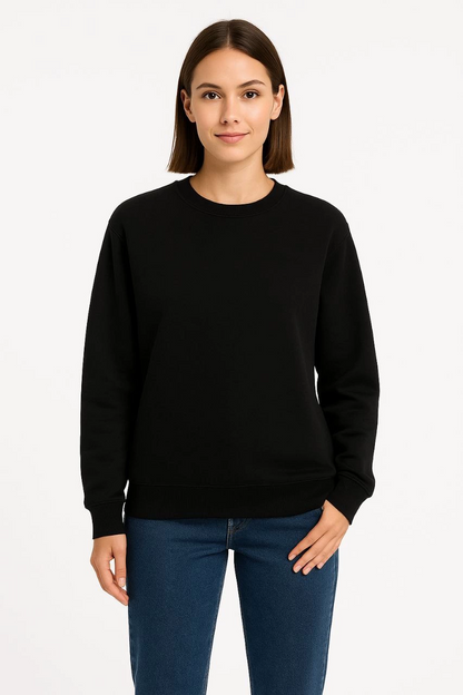 Women's Three-Thread Plain Crew Neck Sweatshirt - Black
