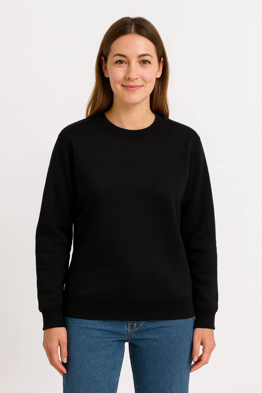 Women's Three-Thread Plain Crew Neck Sweatshirt - Black