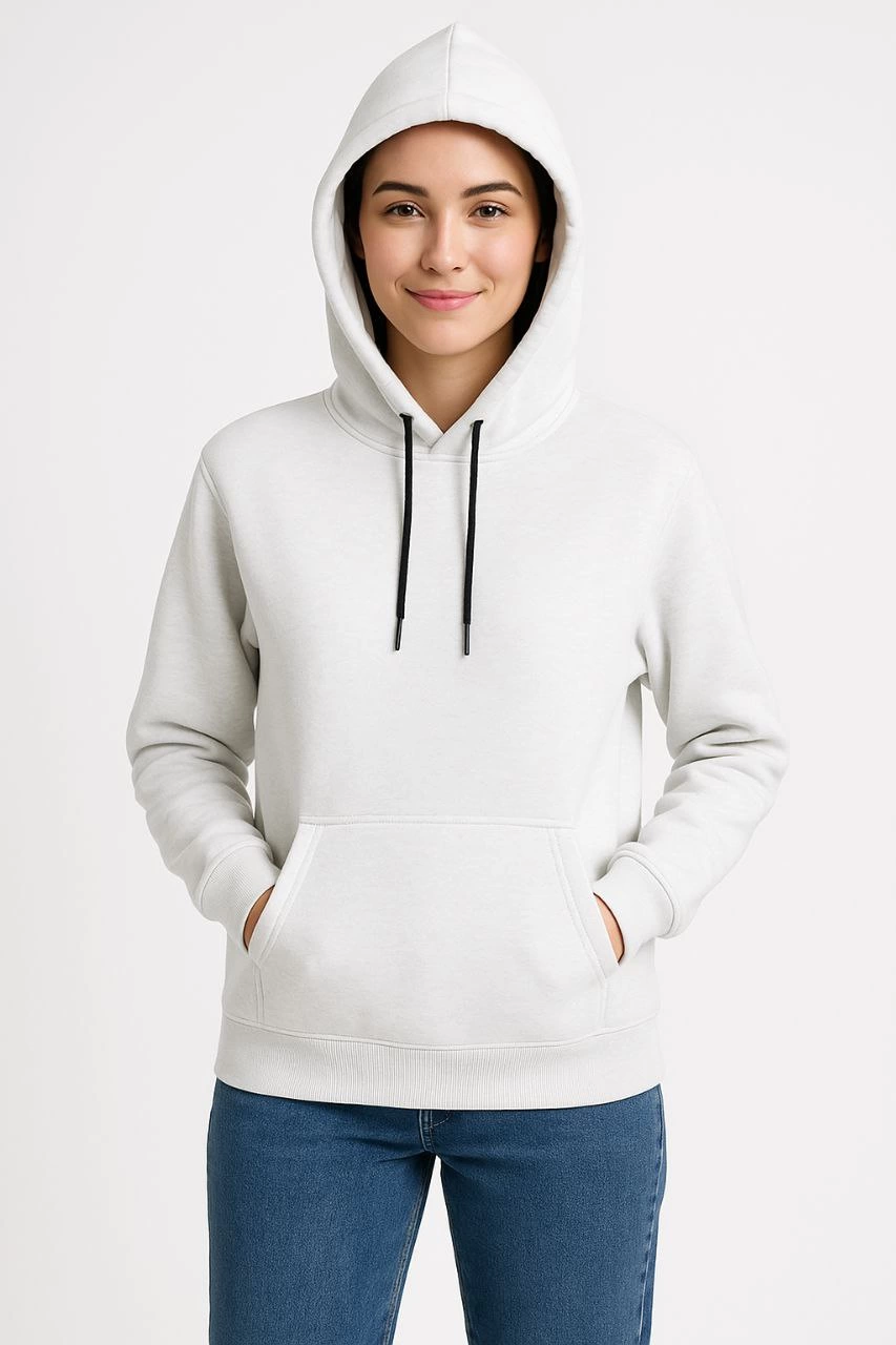 Women's Three-Thread Hooded Kangaroo Pocket Sweatshirt Hoodie - White