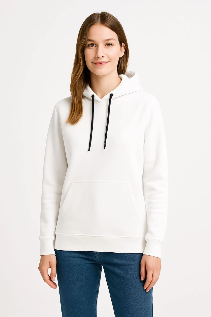 Women's Three-Thread Hooded Kangaroo Pocket Sweatshirt Hoodie - White