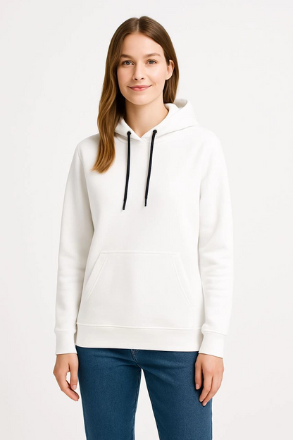 Women's Three-Thread Hooded Kangaroo Pocket Sweatshirt Hoodie - White